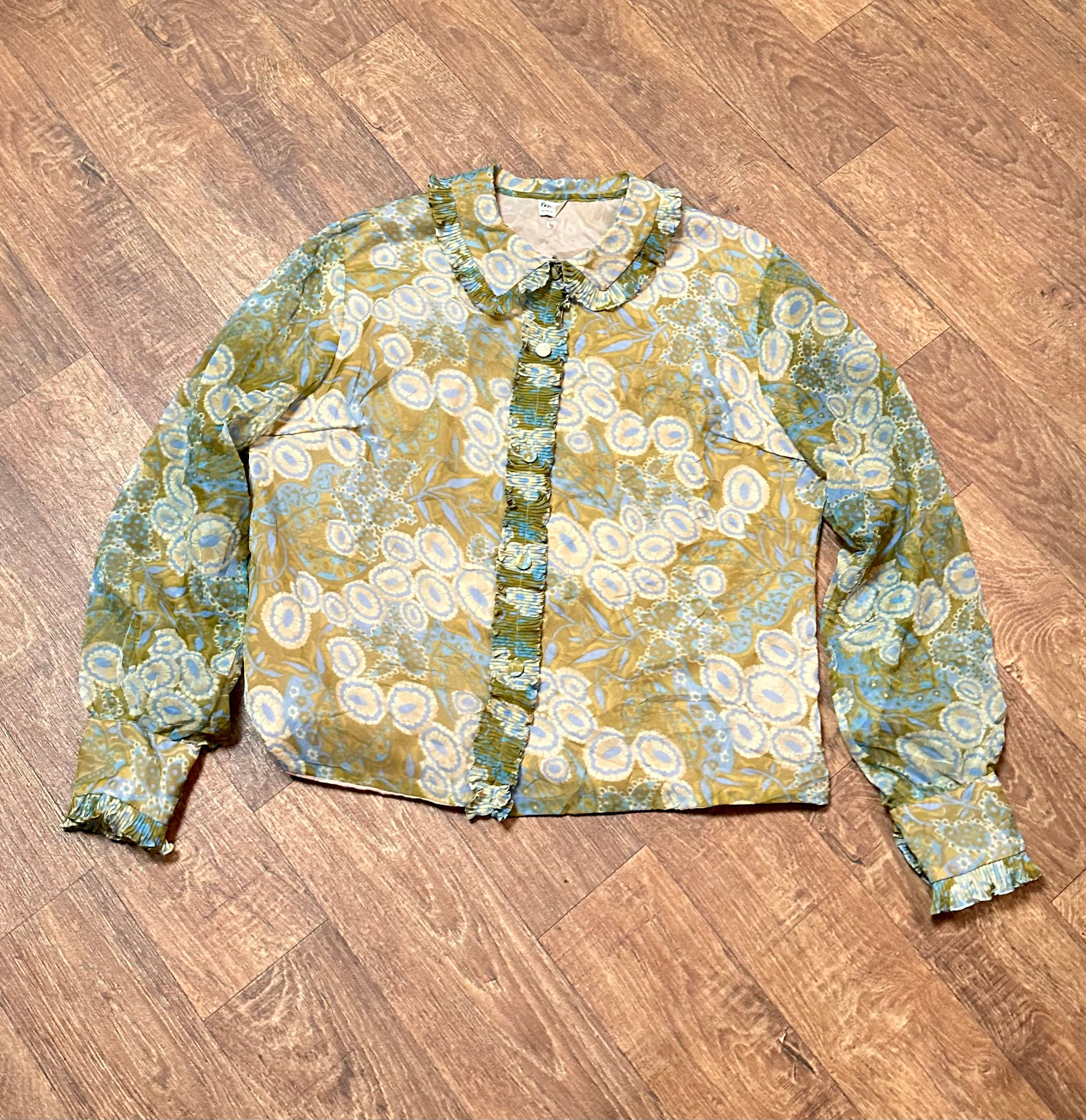 1970s Vintage Olive Sheer Ruffle Blouse | Vintage Blouse | Vintage Clothing | Retro Style