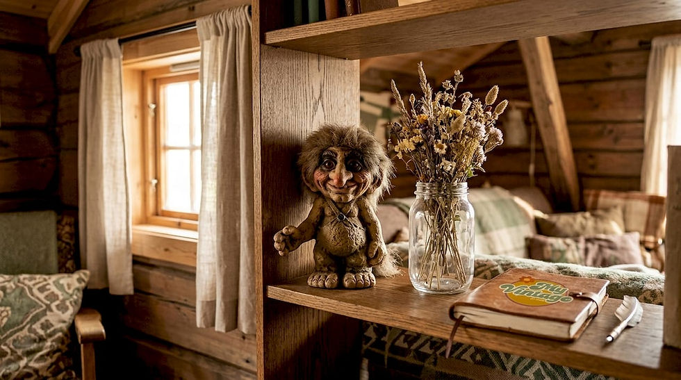 Rustic cabin shelf with a smiling Nyform troll figurine, dried flowers in a jar, and a notebook reading by a sunny window