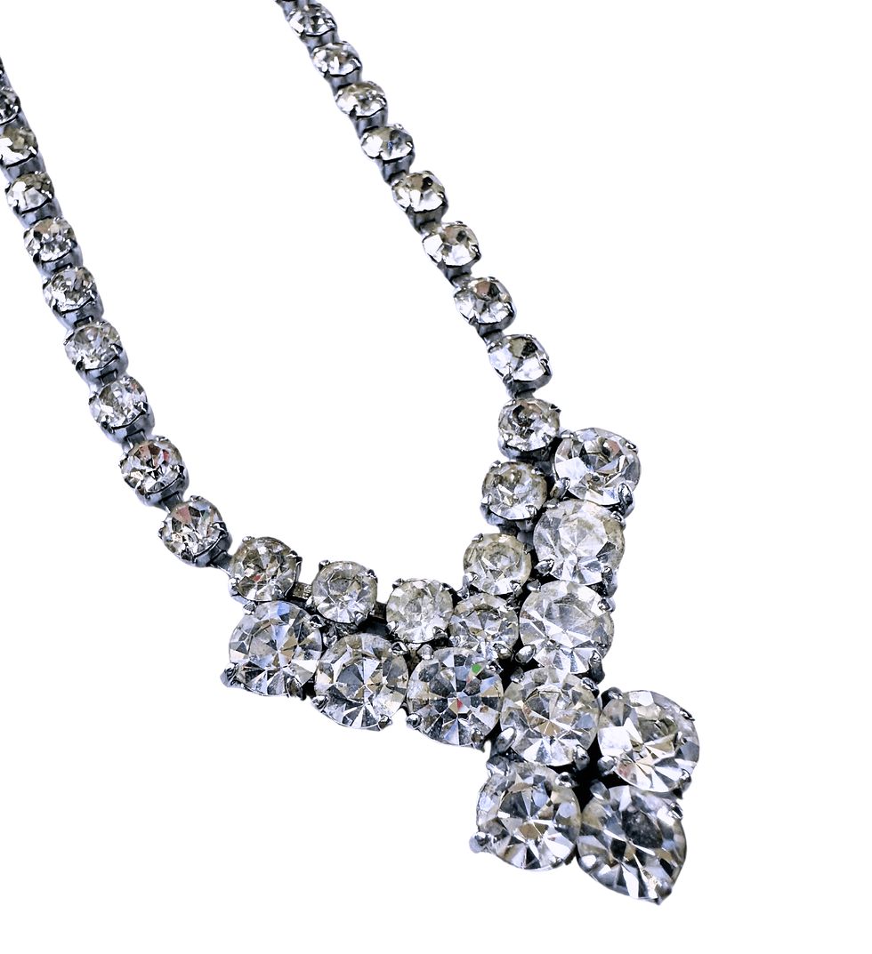 Close up of vintage 1950s diamanté necklace with large clear rhinestones