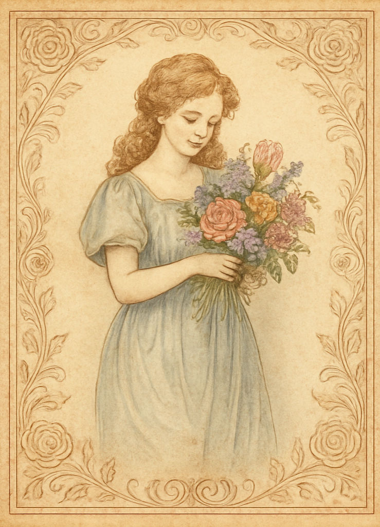 A drawing of a Victorian woman in a blue dress holding a colourful bouquet, smiling gently. The ornate floral border and muted tones give a vintage feel.