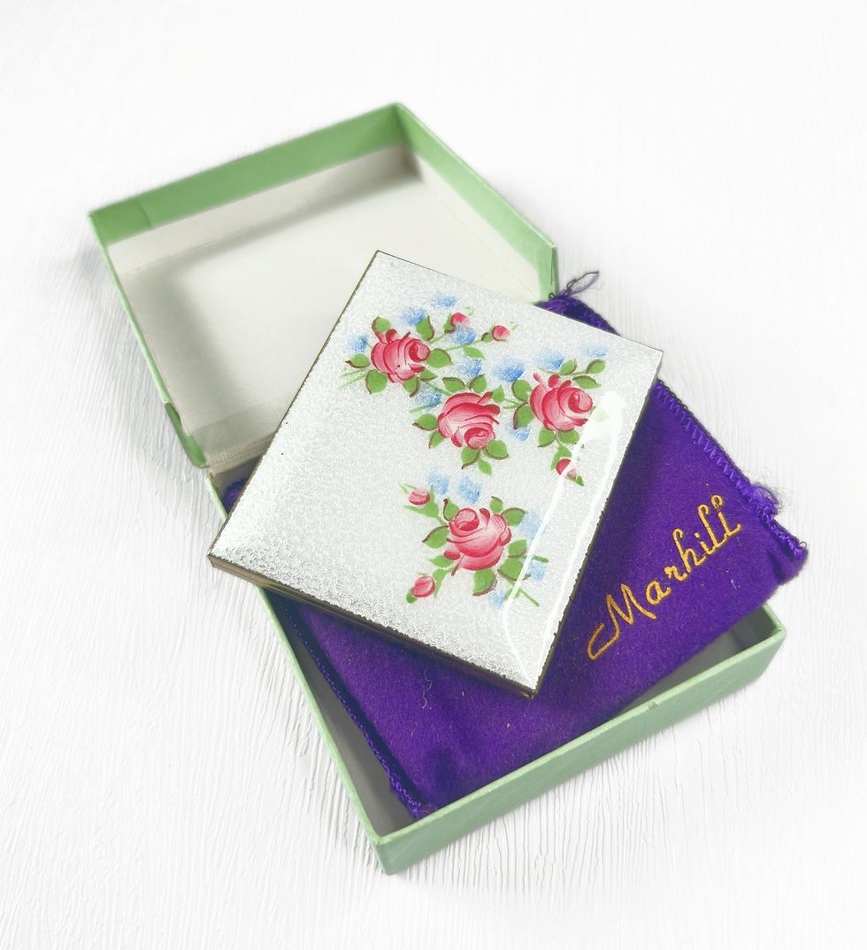 1960s Vintage Marhill Floral Powder Compact with Original Box front view unwrapped with box