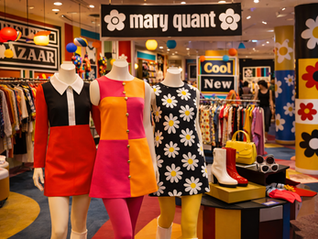 1960s inspired boutique interior with mannequins wearing mod mini dresses and Mary Quant daisy designs