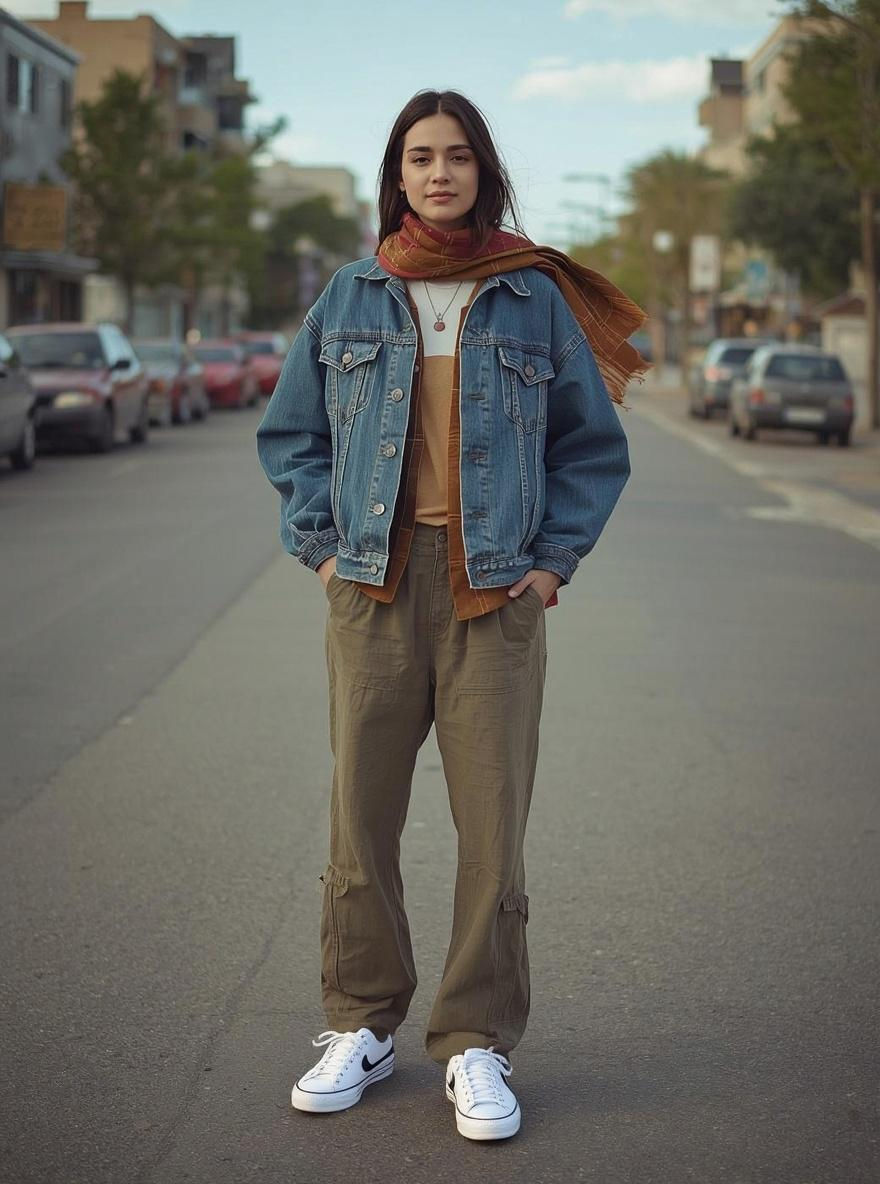 Young person in denim jacket and scarf stands confidently on a street, hands in pockets. Trees, cars, and buildings line the background.
