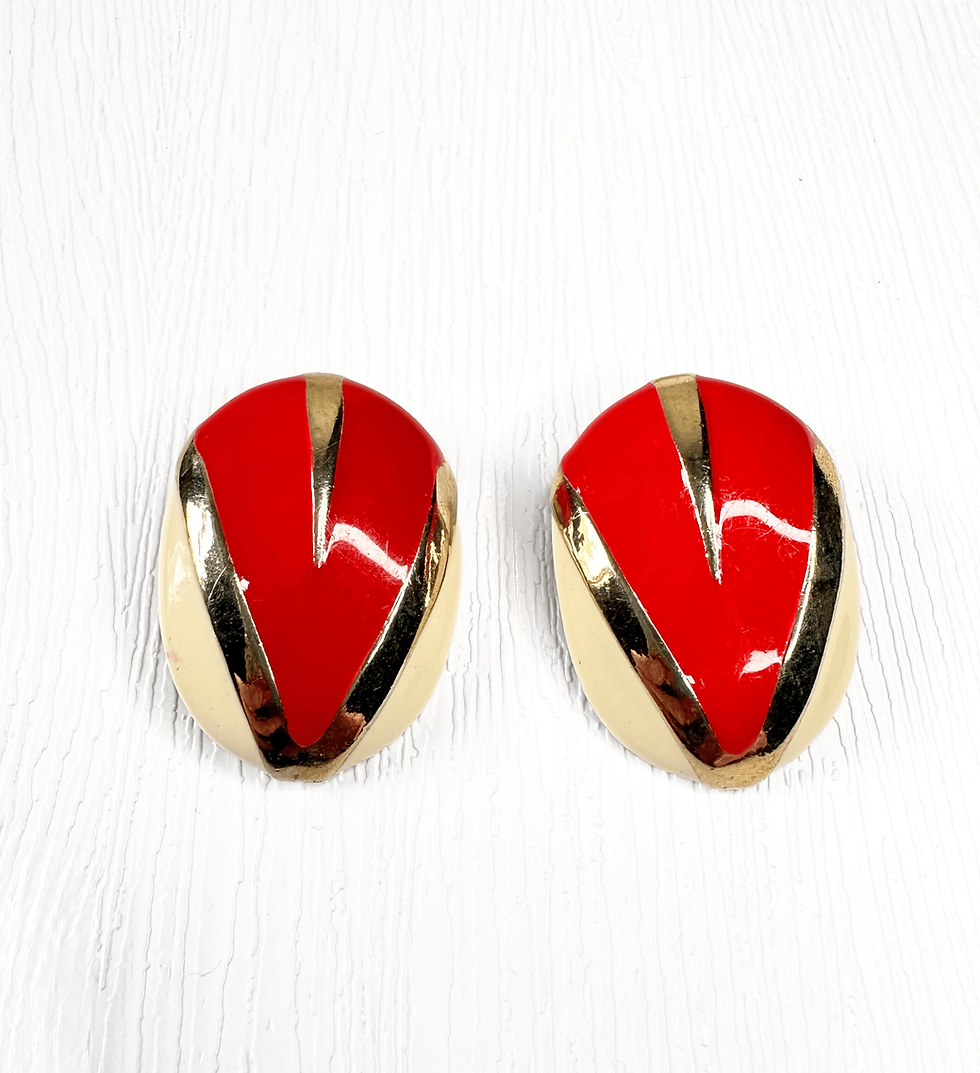 red and cream enamel clip on earrings with gold tone diagonal accents
