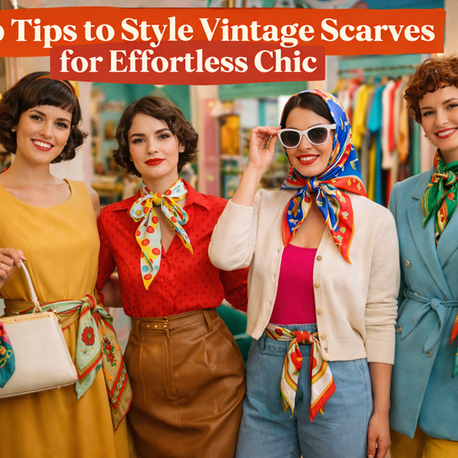 Women in colourful vintage outfits and scarves smile in a retro boutique. Text: Top Tips to Style Vintage Scarves for Effortless Chic.
