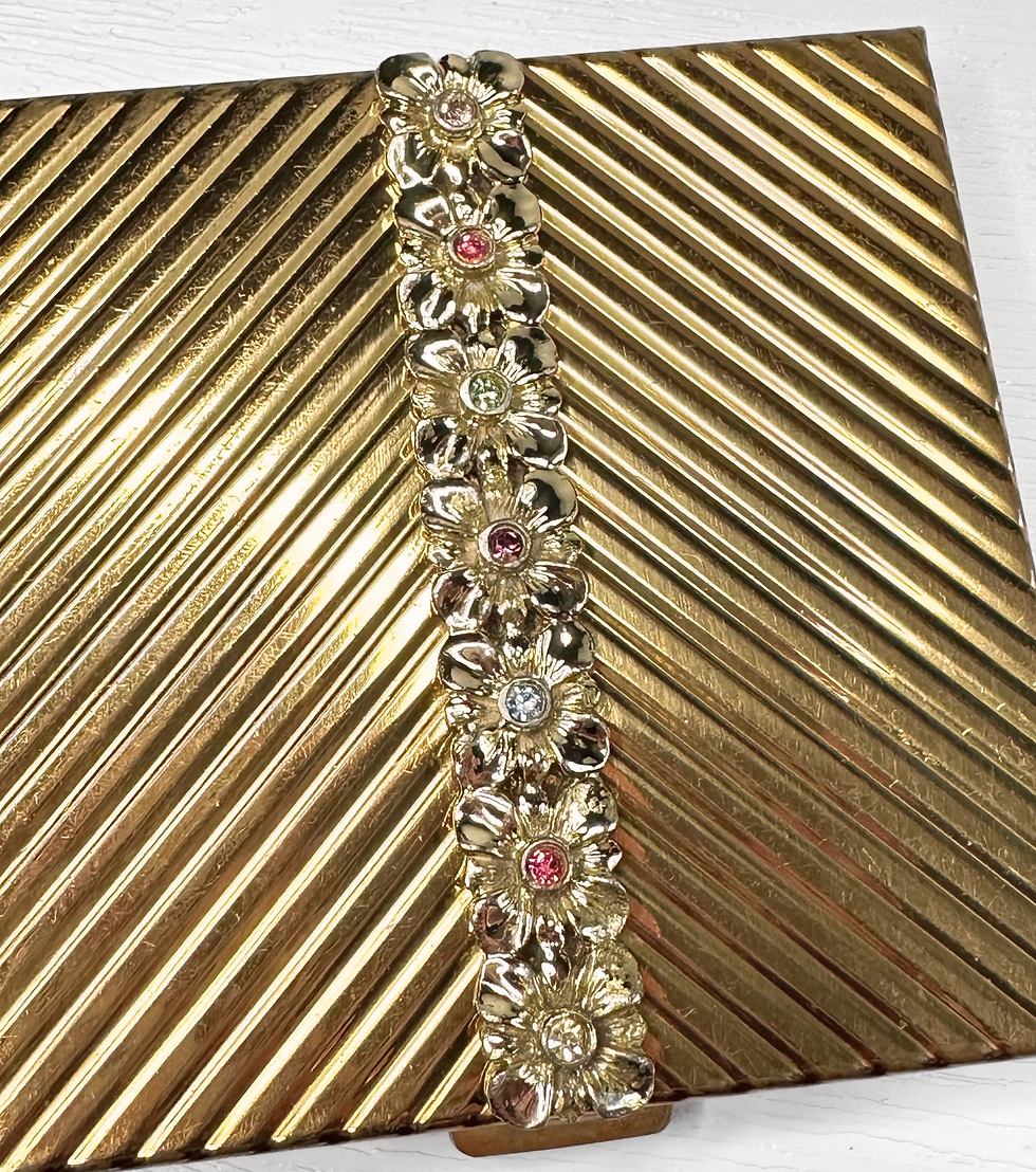 Thumbnail: Rare 1950s Vintage Volupté Bejewelled Brass Powder Compact close up