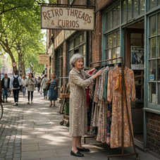 Vintage shopkeeper arranging retro sidewalk display