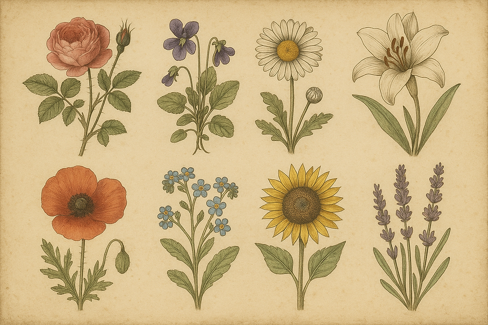 Botanical illustration of nine flowers, including rose, daisy, and sunflower, on a beige background. Vintage style with detailed leaves and petals.
