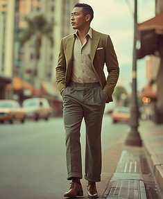 Stylish man in vintage-inspired menswear walking down a city street — wearing tailored blazer, collared shirt, high-waisted trousers and leather shoes with a classic retro look — Men’s Vintage Clothing page banner.