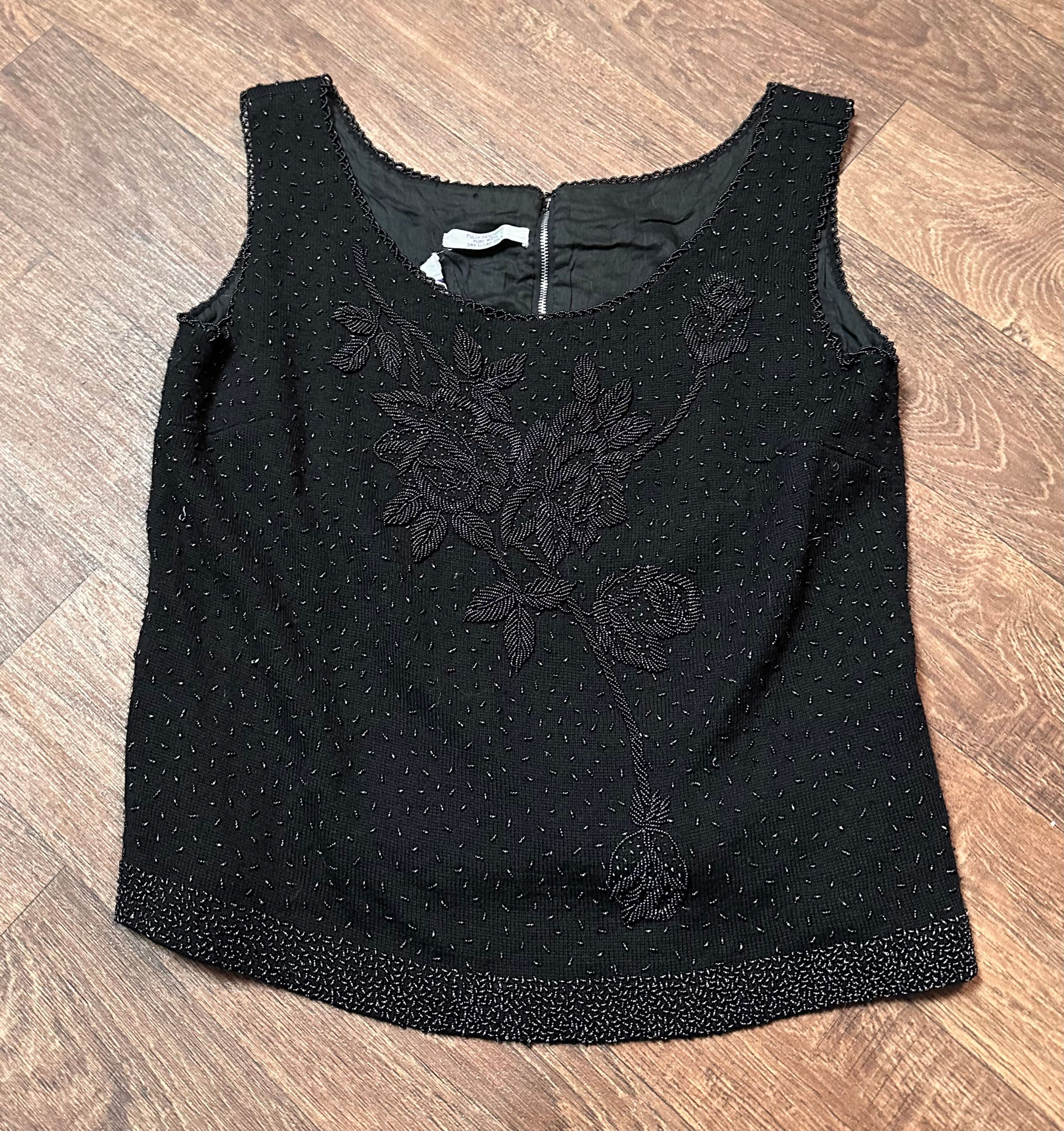 Vintage Beaded Top | 1960s Vintage Black Beaded Shift Top Size 10