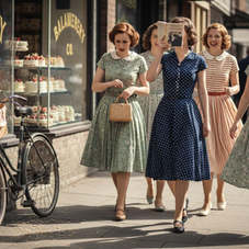 Women wearing 1950s tea dresses on city sidewalk