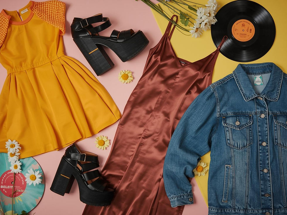 Fashion flat lay with a yellow dress, denim jacket, brown slip dress, black platform heels, vinyl record, flowers, and circular fan on pink background.