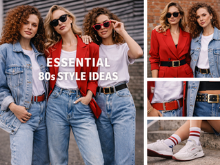 Three women in 80s style: denim, red blazers, belts. Text reads "ESSENTIAL 80s STYLE IDEAS." Collage shows fashion details, relaxed vibe.