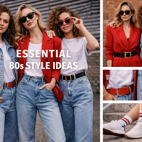 Three women in 80s style: denim, red blazers, belts. Text reads "ESSENTIAL 80s STYLE IDEAS." Collage shows fashion details, relaxed vibe.