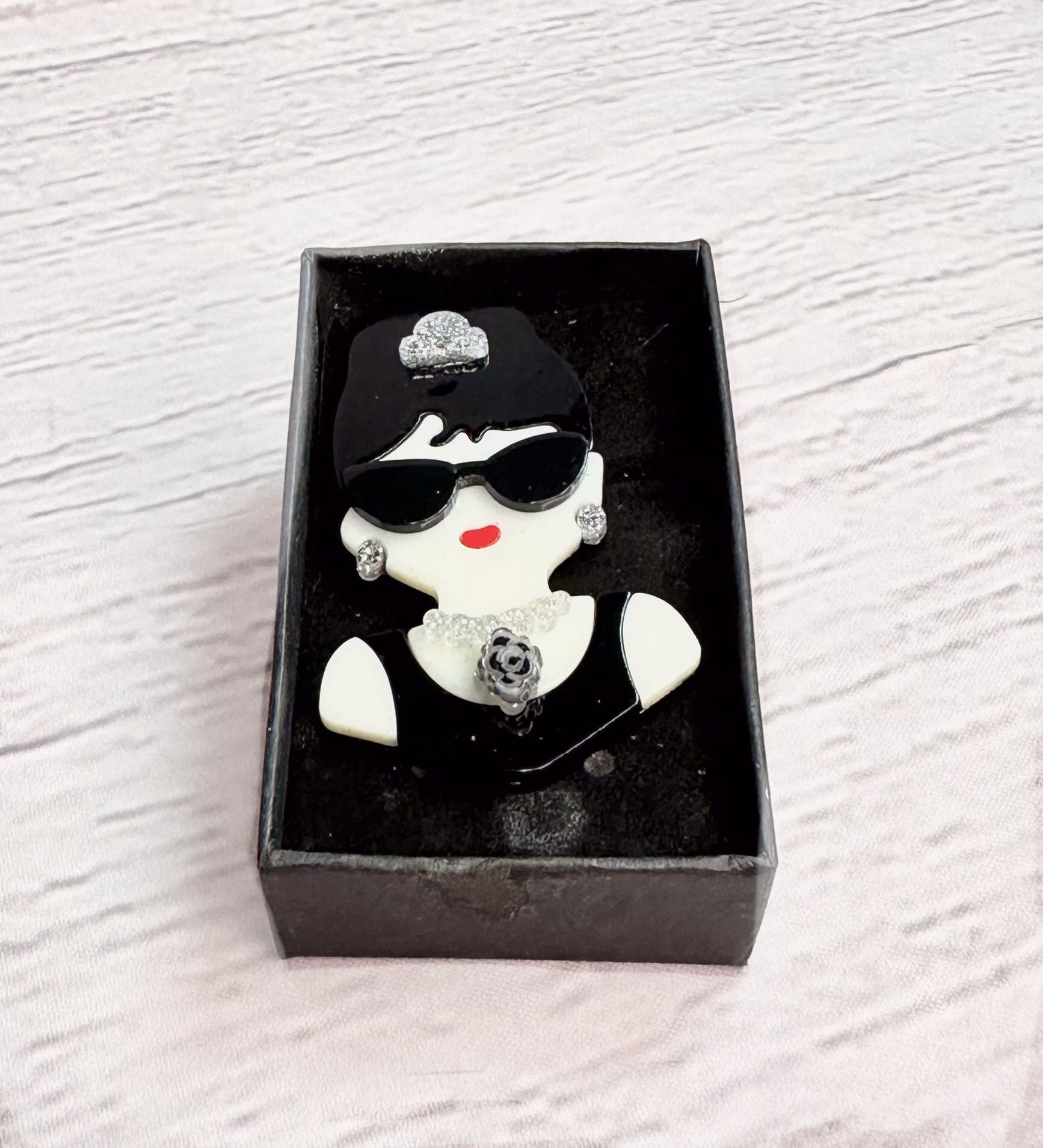 Vintage Inspired Audrey Hepburn Brooch front view in box