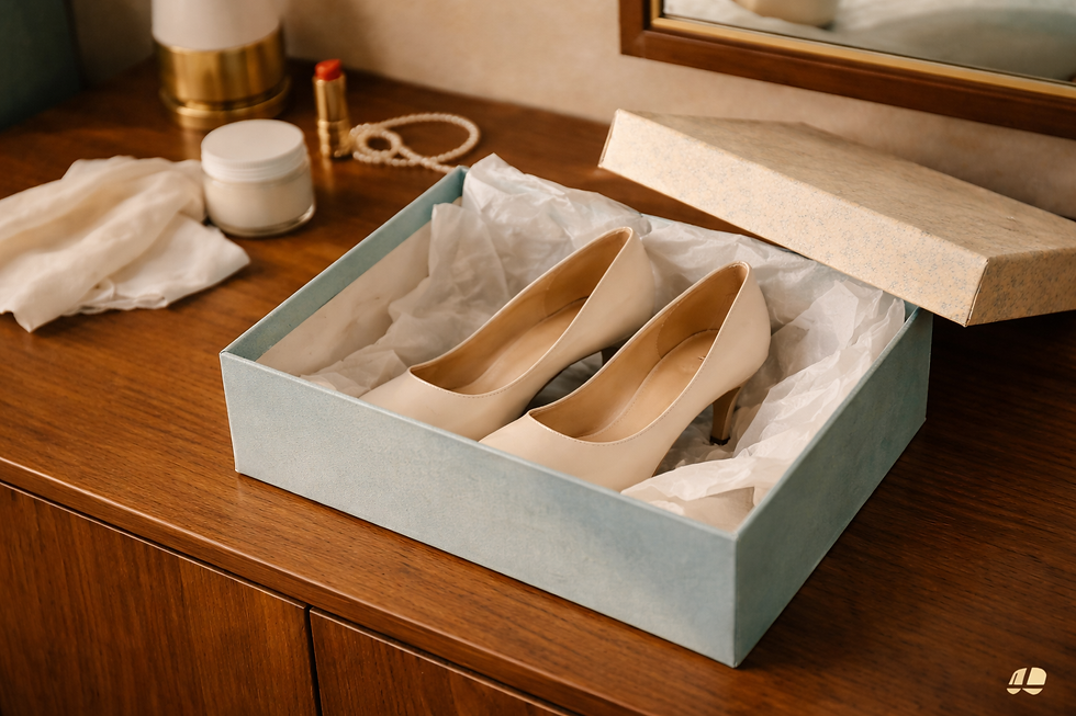 Beige heels in a blue box on a wooden table, next to a red lipstick, pearl bracelet, and a jar, reflecting simplicity and elegance.
