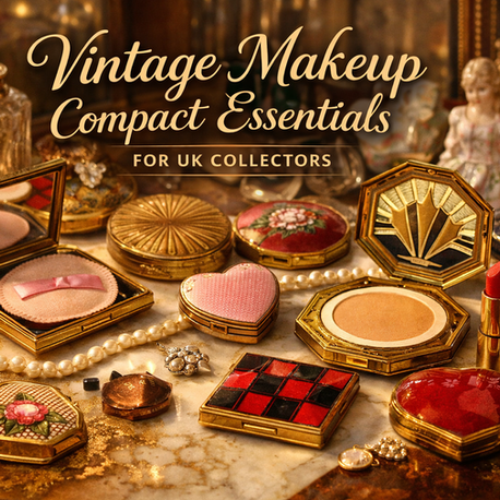 Vintage makeup compacts with elegant designs on a marble surface, surrounded by pearls and perfume bottles. Text reads: Vintage Makeup Compact Essentials.