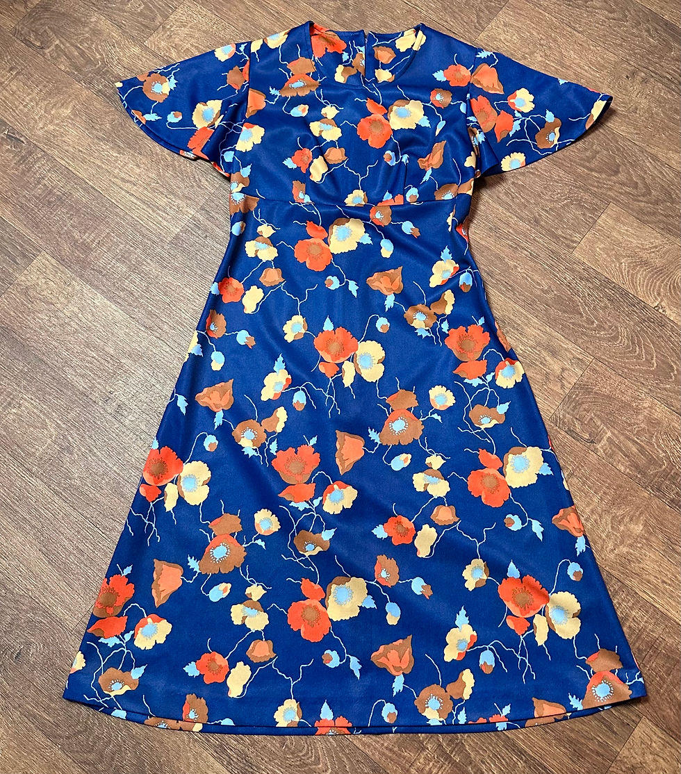 Original 1970s Vintage Blue Floral A-Line Dress Size 10