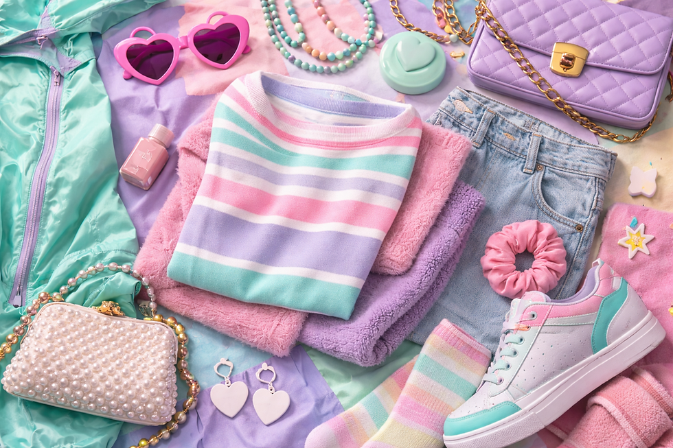 Pastel pink, mint green and baby blue fashion accessories representing softer 1980s colour trends