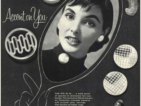 Vintage Sarah Coventry costume jewelry ad with a woman’s portrait, pearl earrings, pins, and the text Accent on You.