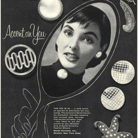Vintage Sarah Coventry costume jewelry ad with a woman’s portrait, pearl earrings, pins, and the text Accent on You.