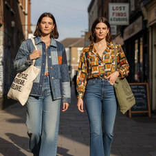 Two women walk on a graffiti-lined street, carrying tote bags. One wears a vintage denim jacket, the other a patterned vintage shirt. Sunlit scene.