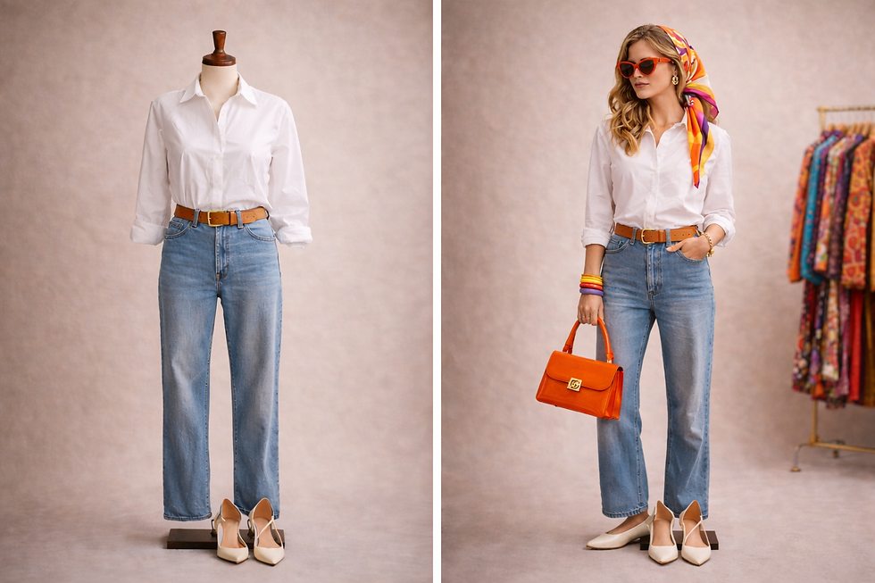 Mannequin in white shirt and jeans on left; woman with scarf, coloured bracelets, and orange bag in same outfit, smiling on right.
