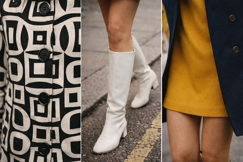 Close-up of black-and-white patterned coat, white knee-high boots, and a mustard dress with a navy coat. Street setting, stylish vibe.