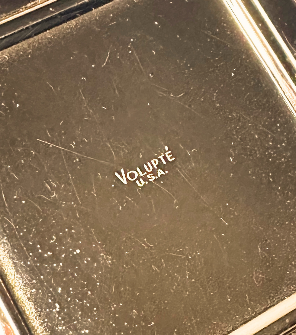 Thumbnail: Rare 1950s Vintage Volupté Bejewelled Brass Powder Compact close up logo