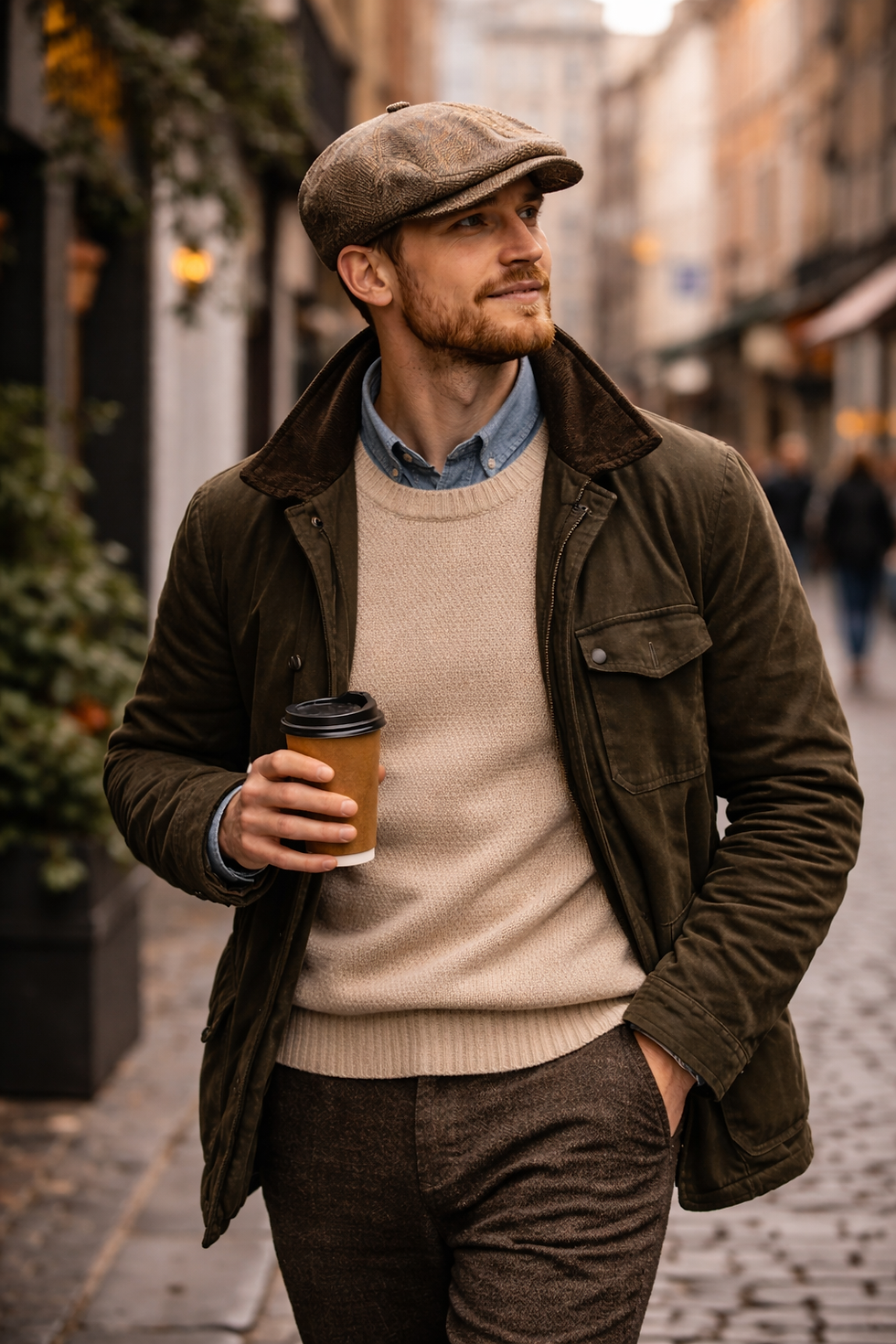 Man wearing vintage tweed flat cap styled with modern casual outfit walking through city street