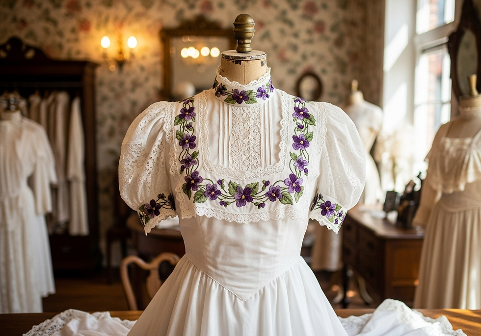 Vintage white dress with purple flower embroidery displayed on a mannequin in a warmly lit, floral-patterned room. Elegant, nostalgic ambiance.