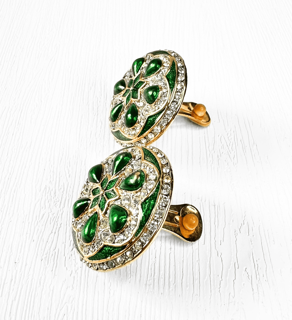 Thumbnail: Side view of 1980s vintage enamel and diamante clip-on earrings in goldtone, bold floral-inspired circular statement jeweller