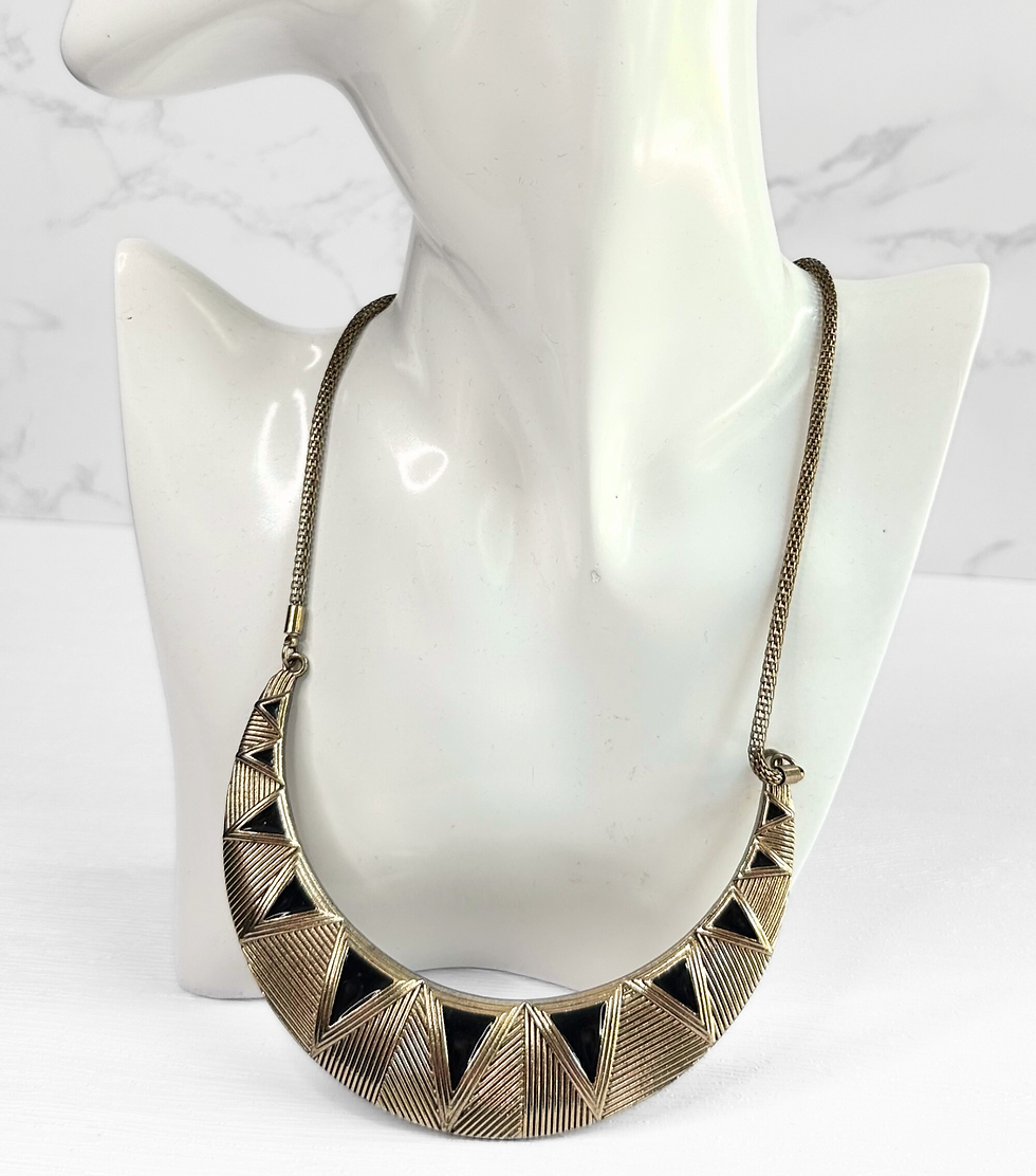 Thumbnail: 1980s Vintage Gold and Black Bib Necklace on mannequin