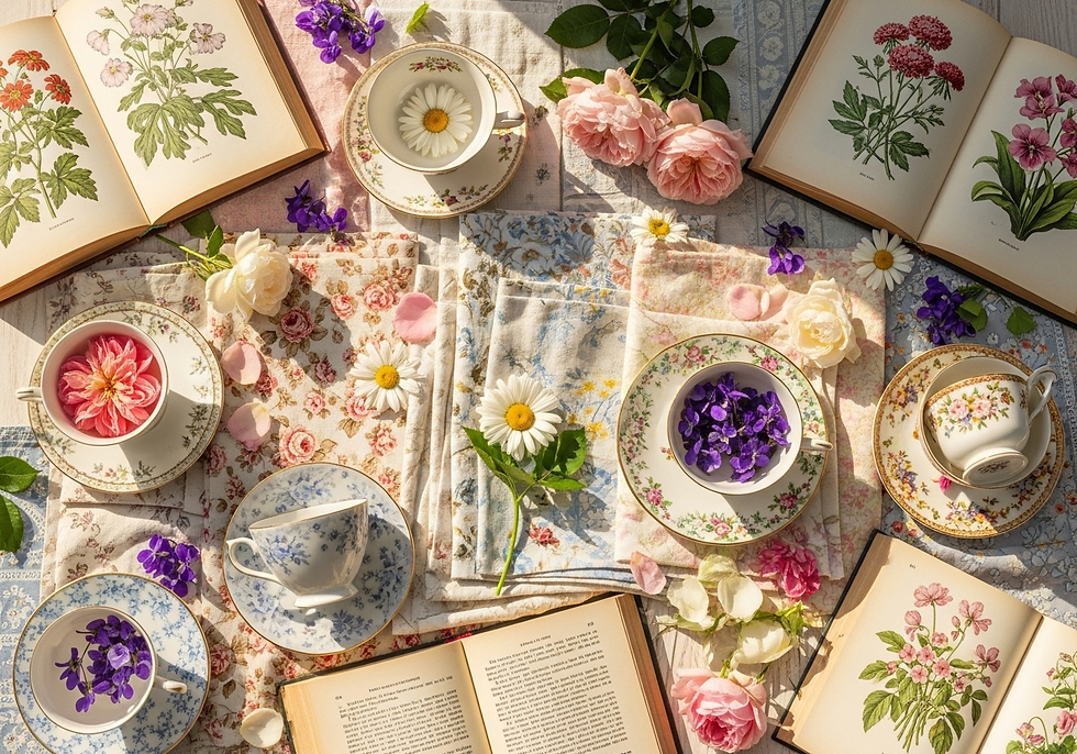 Floral teacups and open vintage books with botanical illustrations on floral-patterned cloth. Soft pink roses and violets set a serene mood.