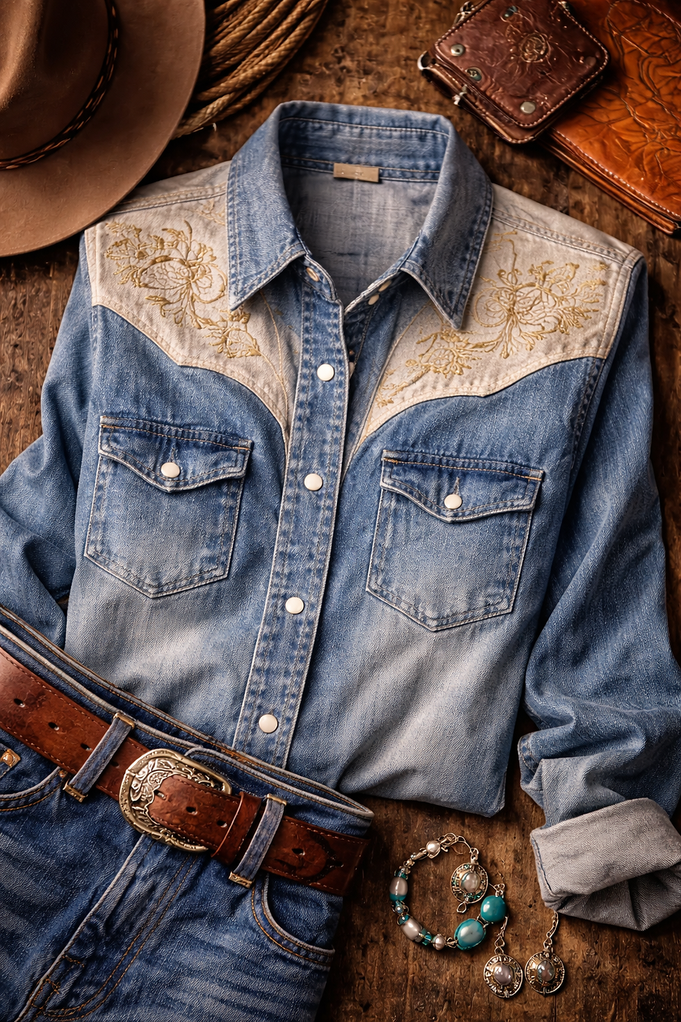 Denim shirt with floral embroidery, brown belt with ornate buckle, jewelry, cowboy hat, and leather wallet on rustic wooden surface.
