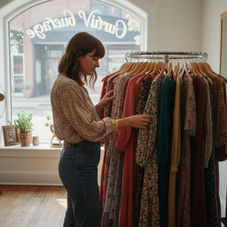 Browsing racks in cozy vintage boutique