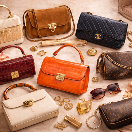 A display of luxury handbags in various colours on a beige surface, surrounded by sunglasses, jewellery, and scarves. Vibrant and elegant setting.