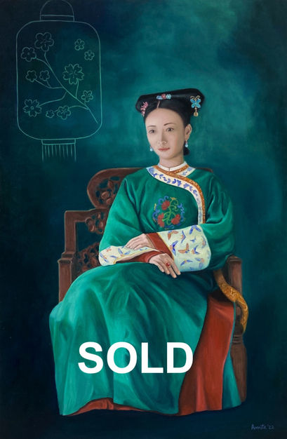 Qing dynast, woman, court dress, oil paint, green robes, jewellery, beautiful, Chinese woman, portrait, figurative, elegant,