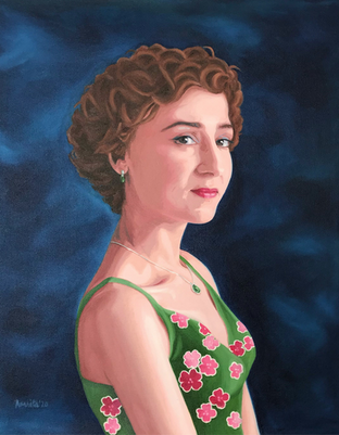 Amrita Tandon "Smile" portrait painting. Closeup figurative canvas focusing on a facial expression in pink & green.