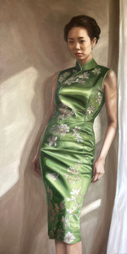 Amrita Tandon "Woman with a jade earring". Full length portrait oil painting of a Chinese woman in a green brocade qipao.