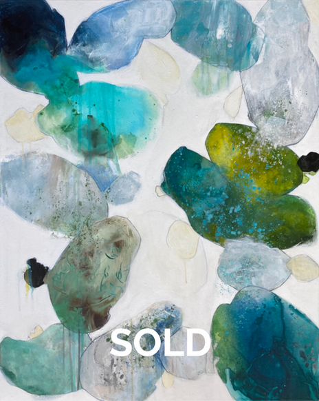 Sea glass, pottery shards, ocean, ephemera, tides, ocean detritus, abstract, shapes, free flow, intuitive, negative space, blue, green, sea spray.