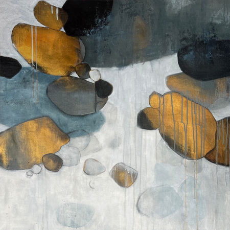 Abstract painting titled The Sound of Pouring Rain by Amrita Tandon. Features cascading rain and storm clouds in contrasting greys, black, and white acrylic paint, detailed with rounded shapes in gold paint and stitched gold thread.