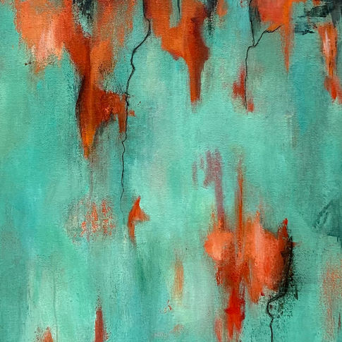 Acrylic, spontaneous, gestural, mark making, teal, orange, hill