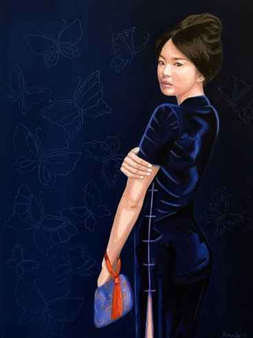 Amrita Tandon "Woman in cheongsam" painting. Portrait of a Chinese woman wearing a traditional cheongsam dress.