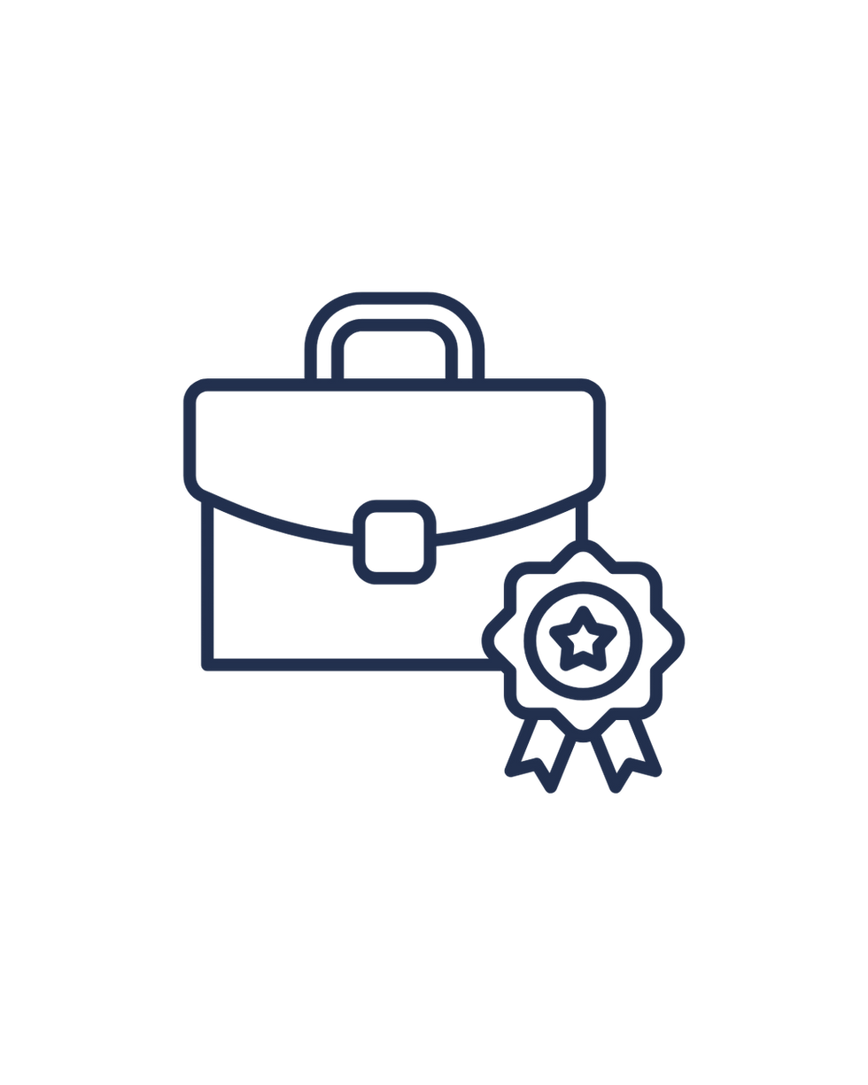 Briefcase icon with a badge, representing career achievement and success.