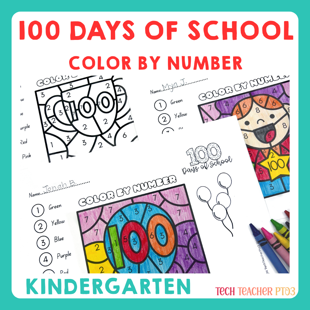 100 Days of School Color by Number Activities Kindergarten NO PREP