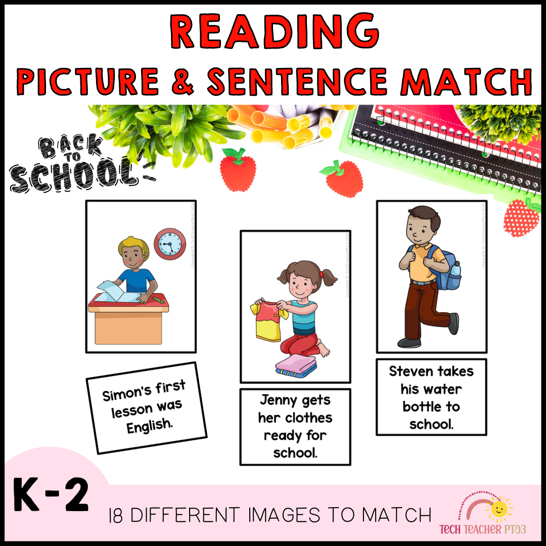 Back to School Reading Picture Match Activity Kindergarten First Grade