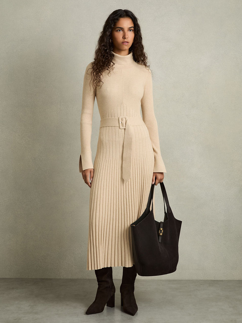 Reiss Ribbed Roll Neck Belted Midi Dress in Neutral Styled Front View
