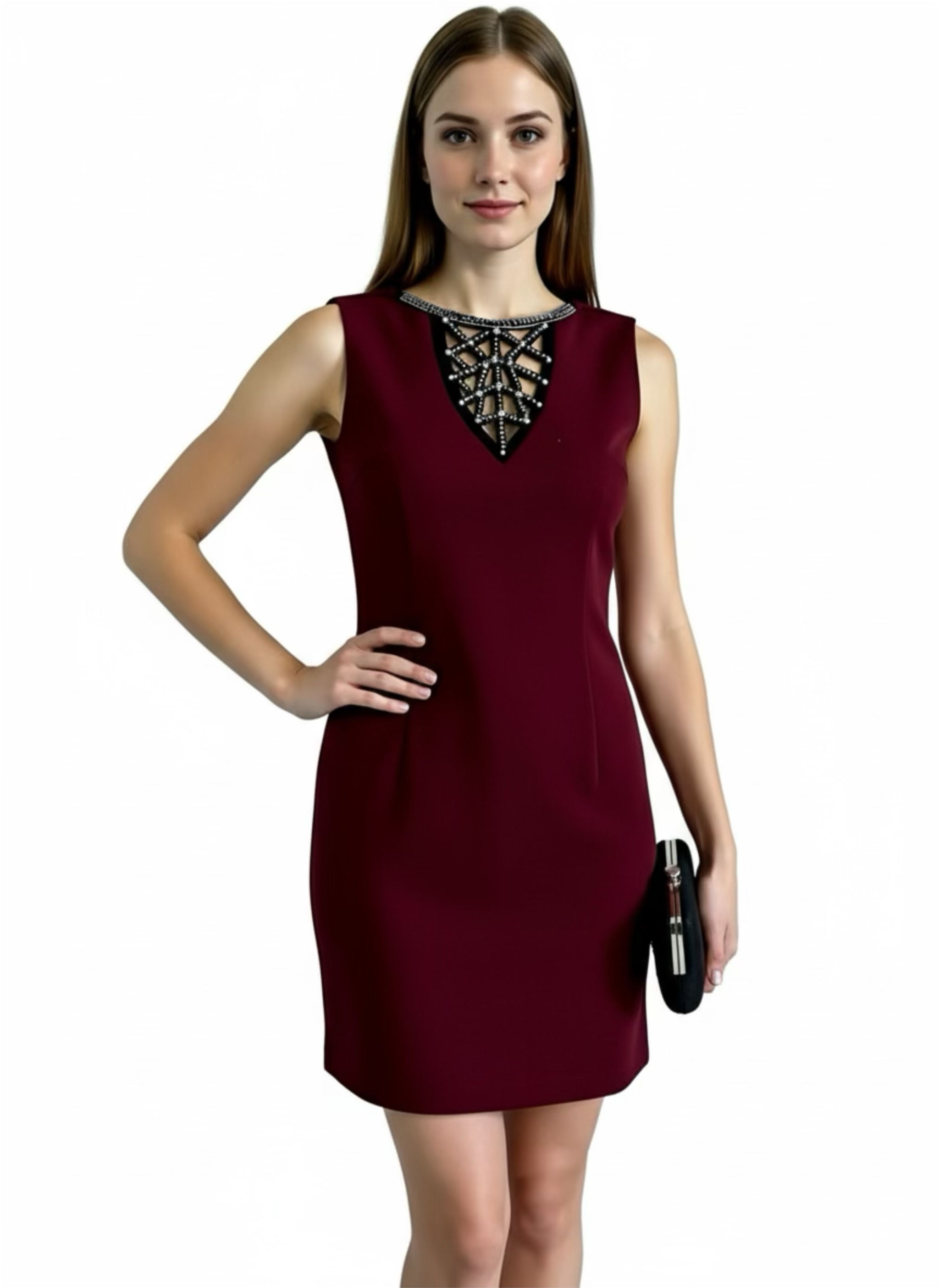 Burgundy Embellished Neck Dress / Size 8