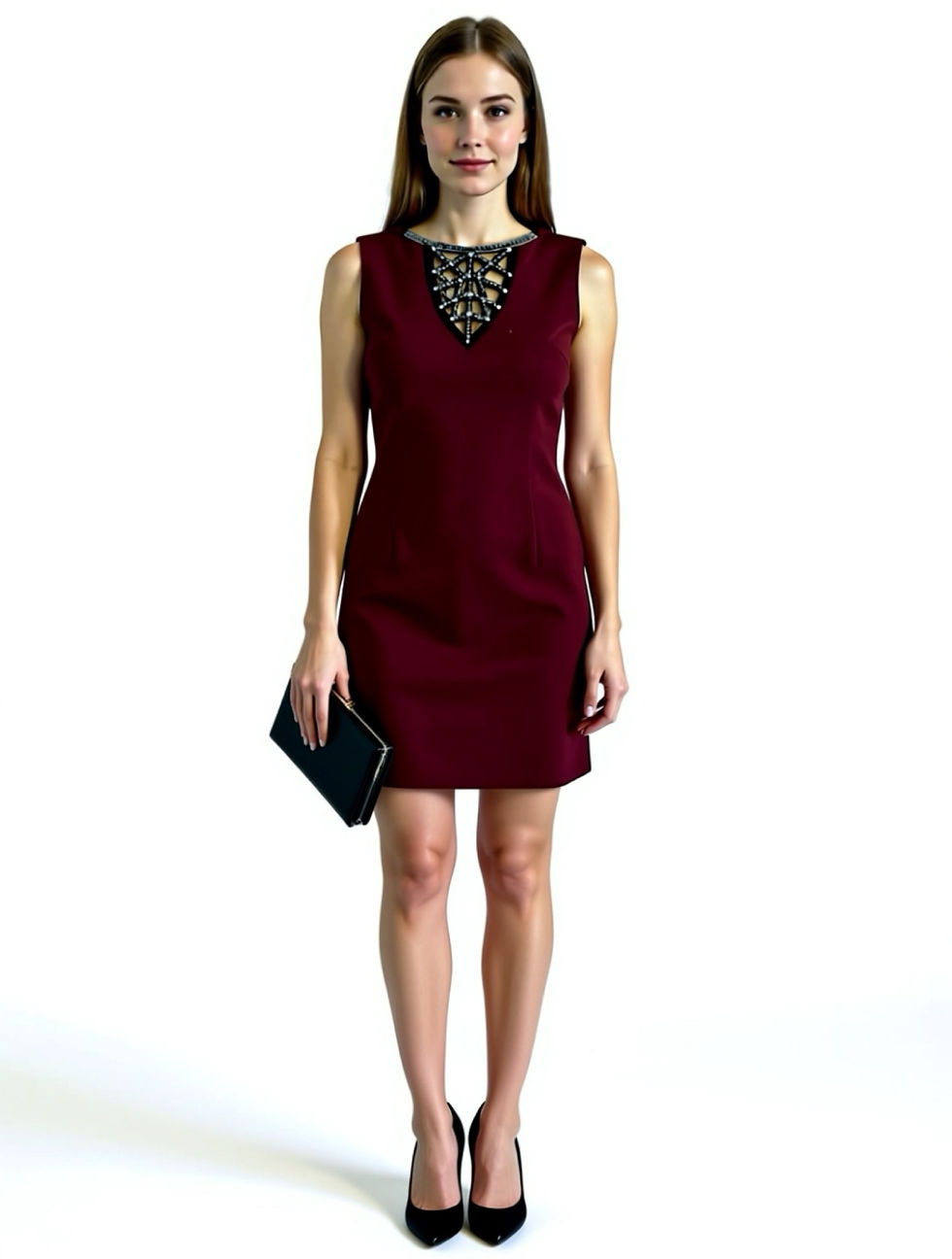 Thumbnail: Burgundy Embellished Neck Dress / Size 8